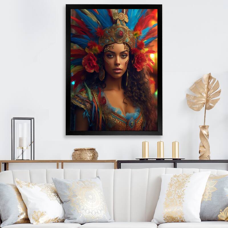 Designart "Multicolor Brazilian Spectrum of Spirit I" Fashion Woman Framed Canvas Wall Art - 12 in. wide x 20 in. high - Black