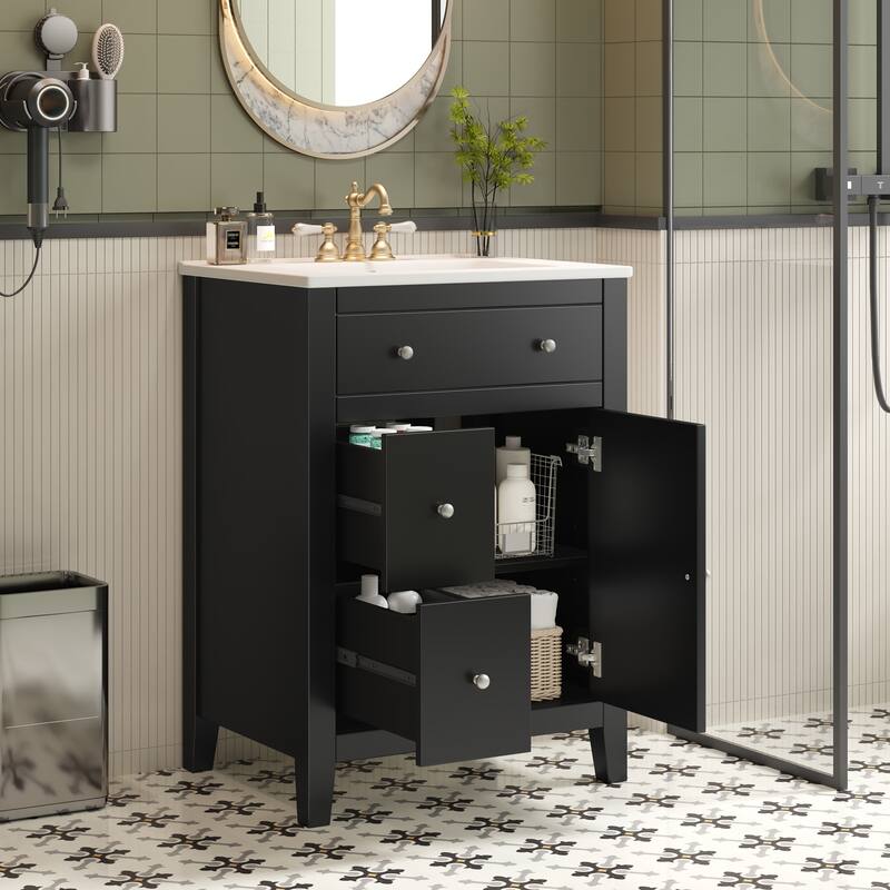 24"Bathroom Vanity With Ceramic Basin, Restroom Basin Cabinet With 2 Drawers,Small Bathroom Cabinet With Soft-Closing Door