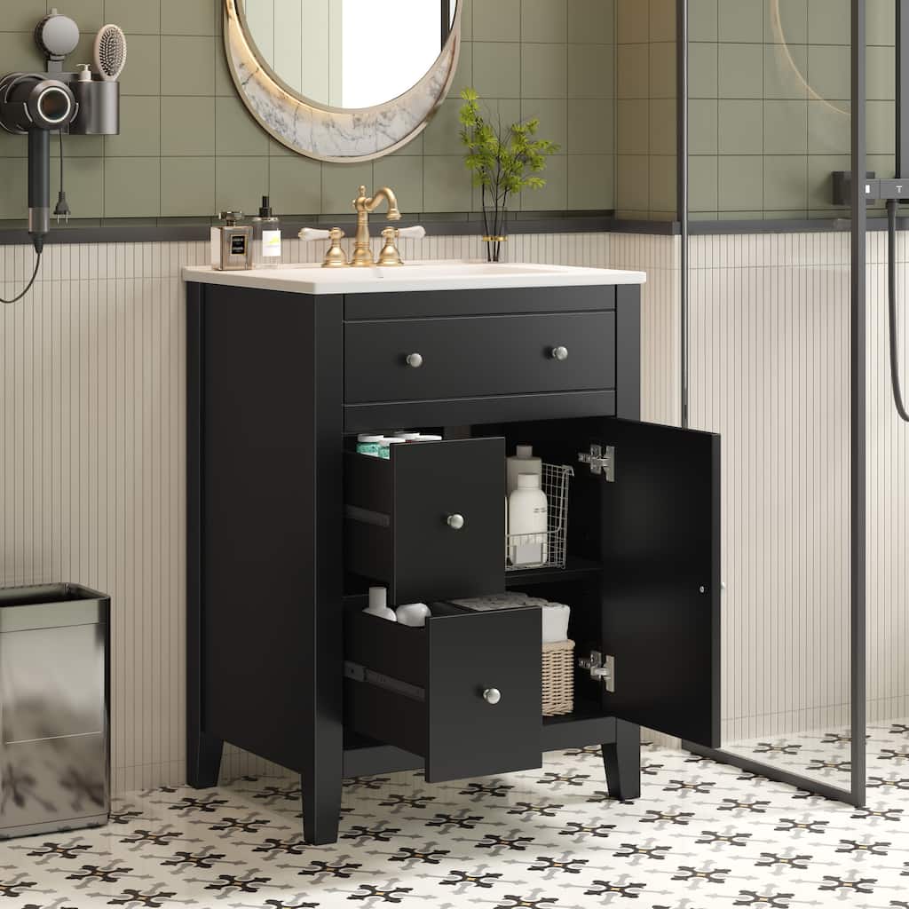 GDFStudio - Merivale Modern Bathroom Vanity with Ceramic Sink and 2 Soft-Closing Storage Drawers - 24'W