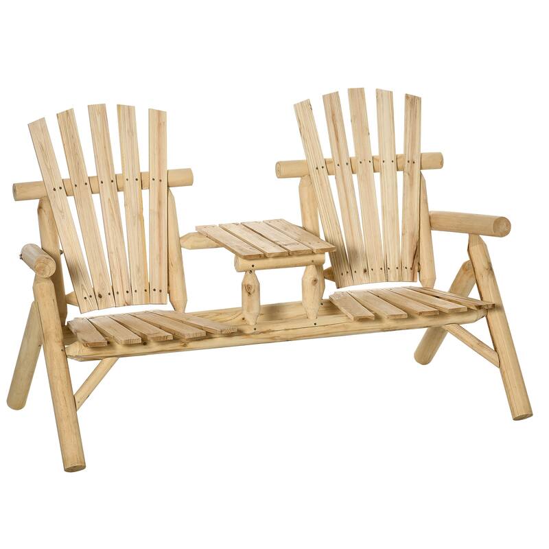 Outsunny 2-Seat Wooden Adirondack Chair, Patio Bench With Table, Outdoor Loveseat Fire Pit Chair For Porch, Backyard, Deck