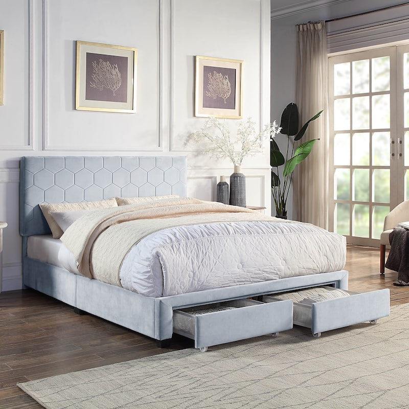 Honeycomb Modern Grey Velvet Headboard Storage Guest Bed by Furniture of America - Queen