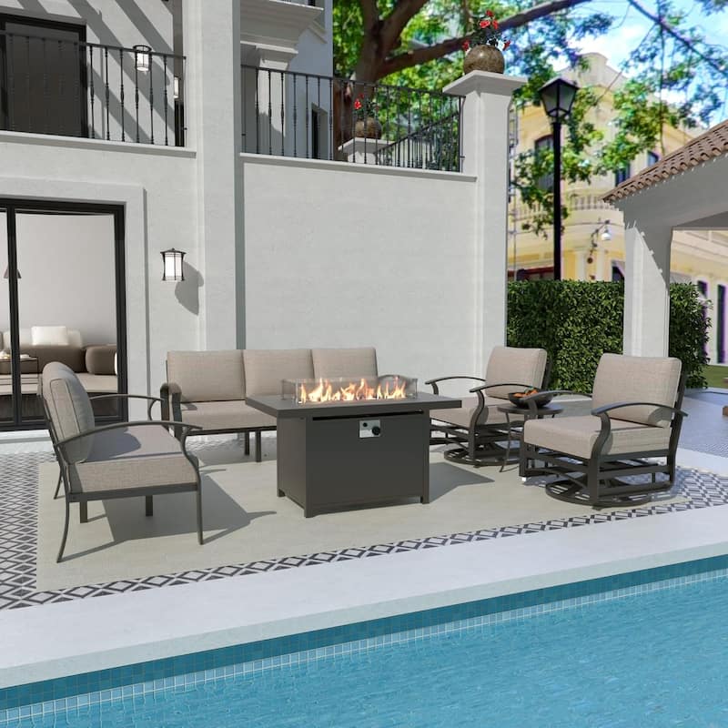 Aluminum Patio Furniture Set with FirePit Ottomans Swivel Chairs,Sectional Sofa with Thick Seat Cushions for Porch Garden