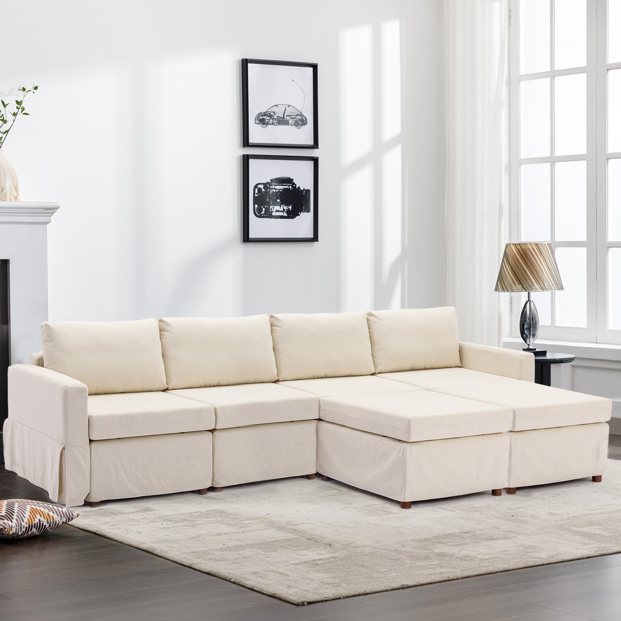 4 Seater Module Sectional Sleeper Sofa Bed with Ottoman Chaise Lounge and Sofa Covers Linen Upholstered Couch for Living Room