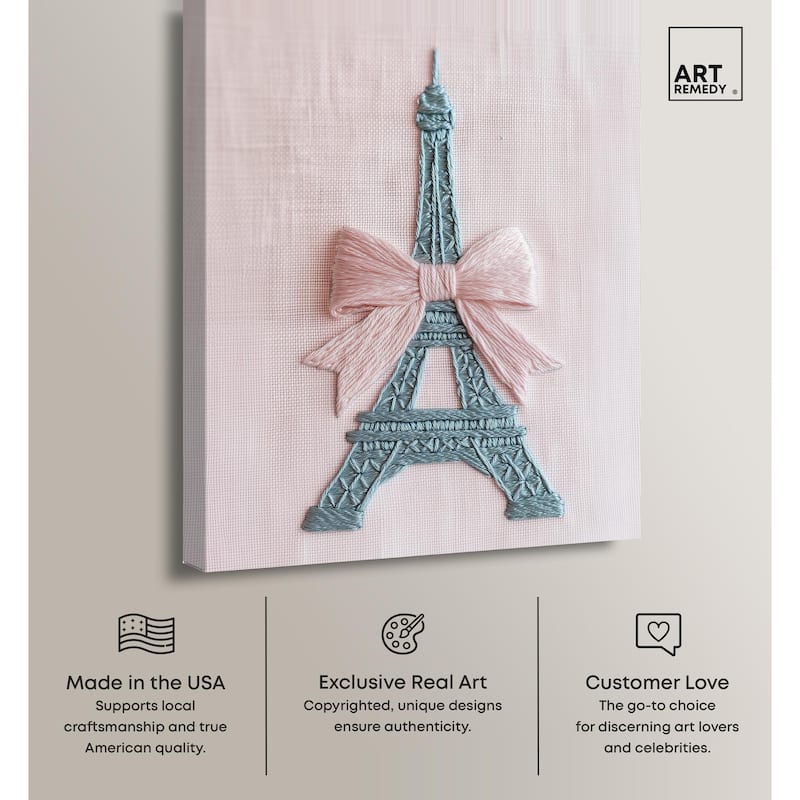 Stitched Eiffel Tower Bow Canvas by Art Remedy, Gallery Wrapped