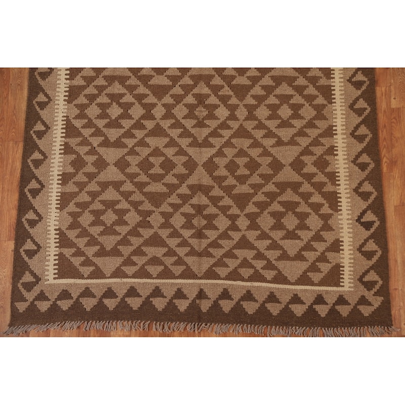 Geometric Brown Kilim Oriental Area Rug Hand-woven Wool Carpet - 5'2" x 8'2"