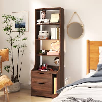 NightStand with Bookshelf and 2 Drawers,Modern Night Stand