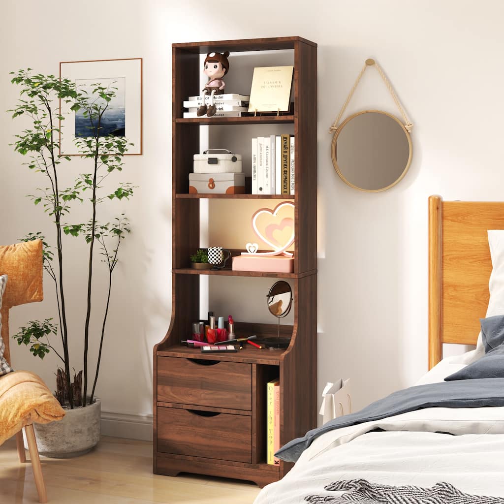 NightStand with Bookshelf and 2 Drawers,Modern Night Stand