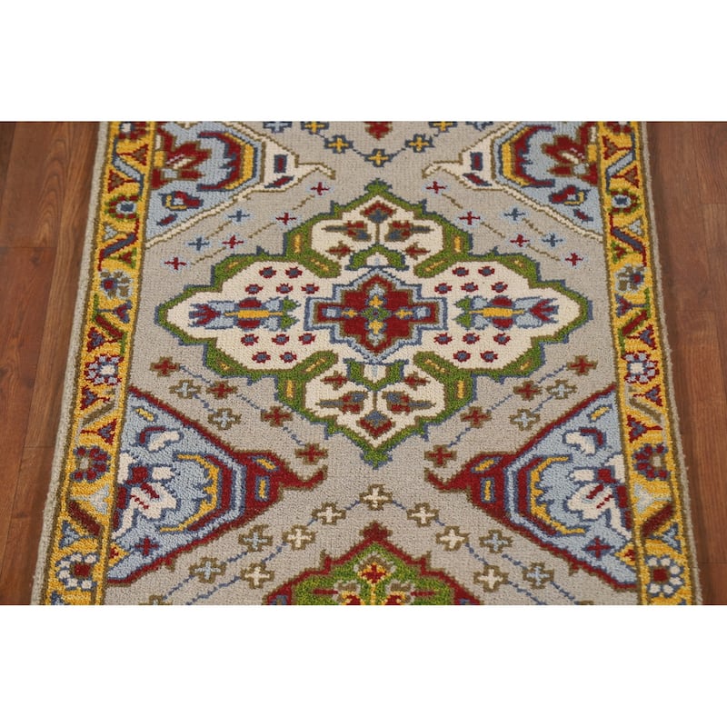 Geometric Kazak Indian Rug Hand-Knotted Wool Carpet - 2'6"x 6'0"