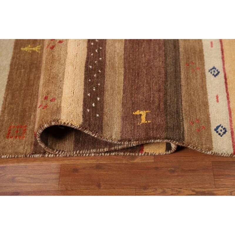 Striped Gabbeh Oriental Area Rug Hand-Knotted Brown Wool Carpet - 6'9" x 9'11"