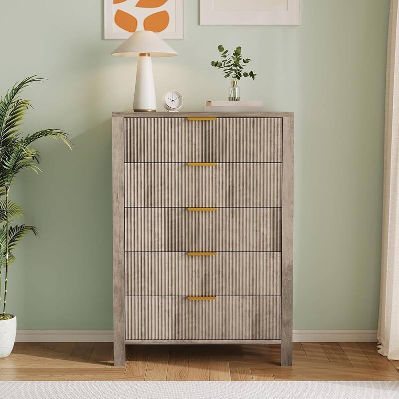 Tall Wooden 5 Drawers Dressers, Storage Cabinet for Bedroom, Living Room - Grey