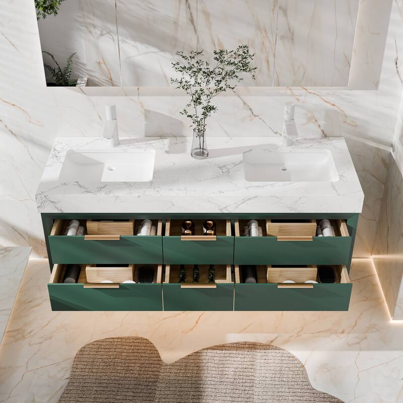 Modland 60" Modern Floating Bathroom Vanity with Double Sink, Soft-Close Drawers, White Stone Countertop