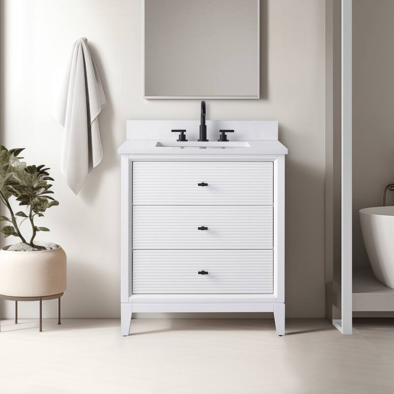 Vanity Art 30" Freestanding Bathroom Vanity with Engineered Marble Top and Sink - 30"/Matte Black - White