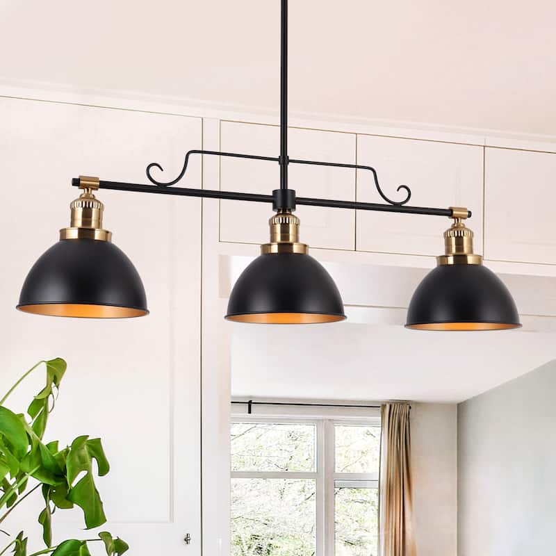 Modern 3-Light Black Gold Linear Chandelier Industrial Metal Pendant Lights for Dining Room - L 34.5" x W 8"x H 11"