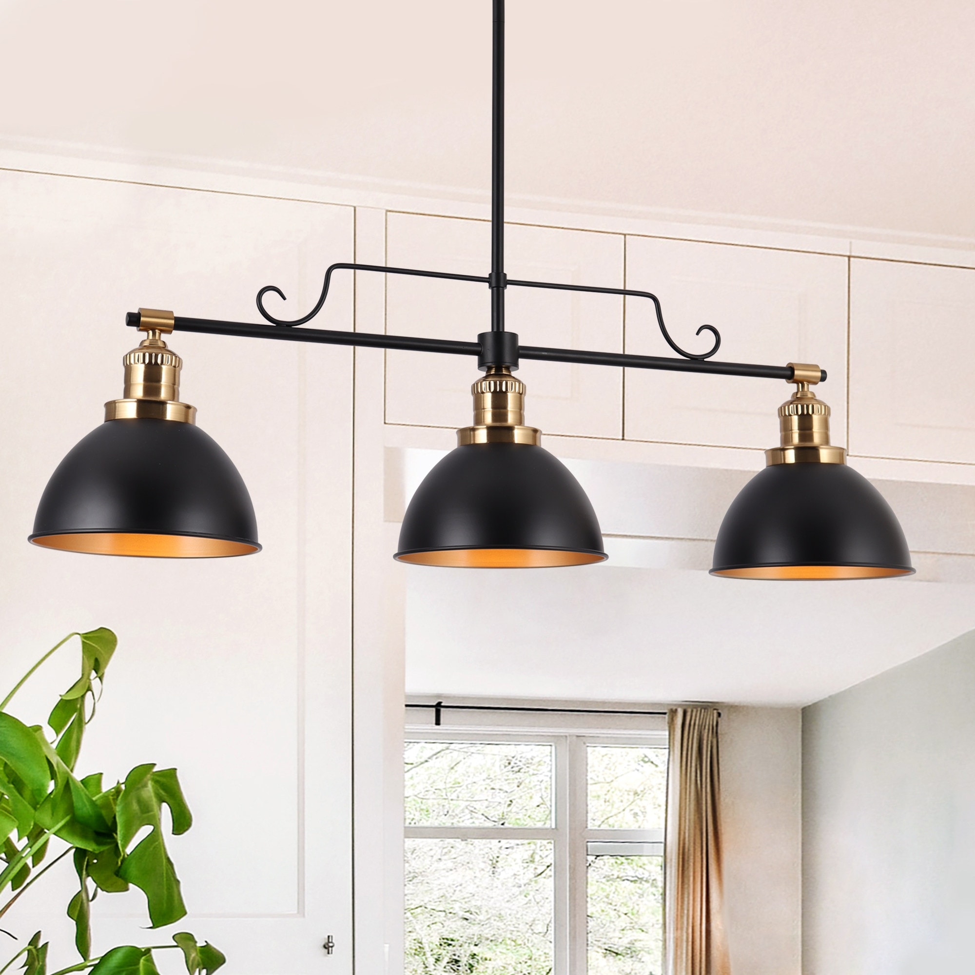 Modern 3-Light Black Gold Linear Chandelier Industrial Metal Pendant Lights for Dining Room - L 34.5" x W 8"x H 11"