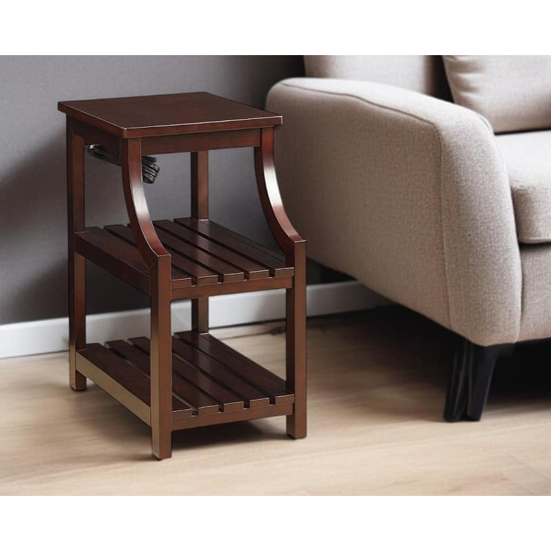 HomeRoots 24" Brown Wood End Table With Two Shelves And USB Port - 13" W x 20" D x 24" H