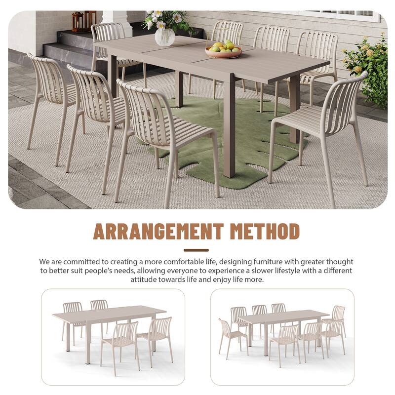 Outdoor Dining Set 9-Piece Stackable Plastic Lightweight Dining Chair and Extendable Dining Table
