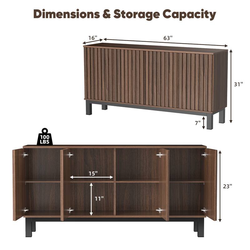 Pocassy 63" Buffet Cabinet with Storage 4 Fluted Doors