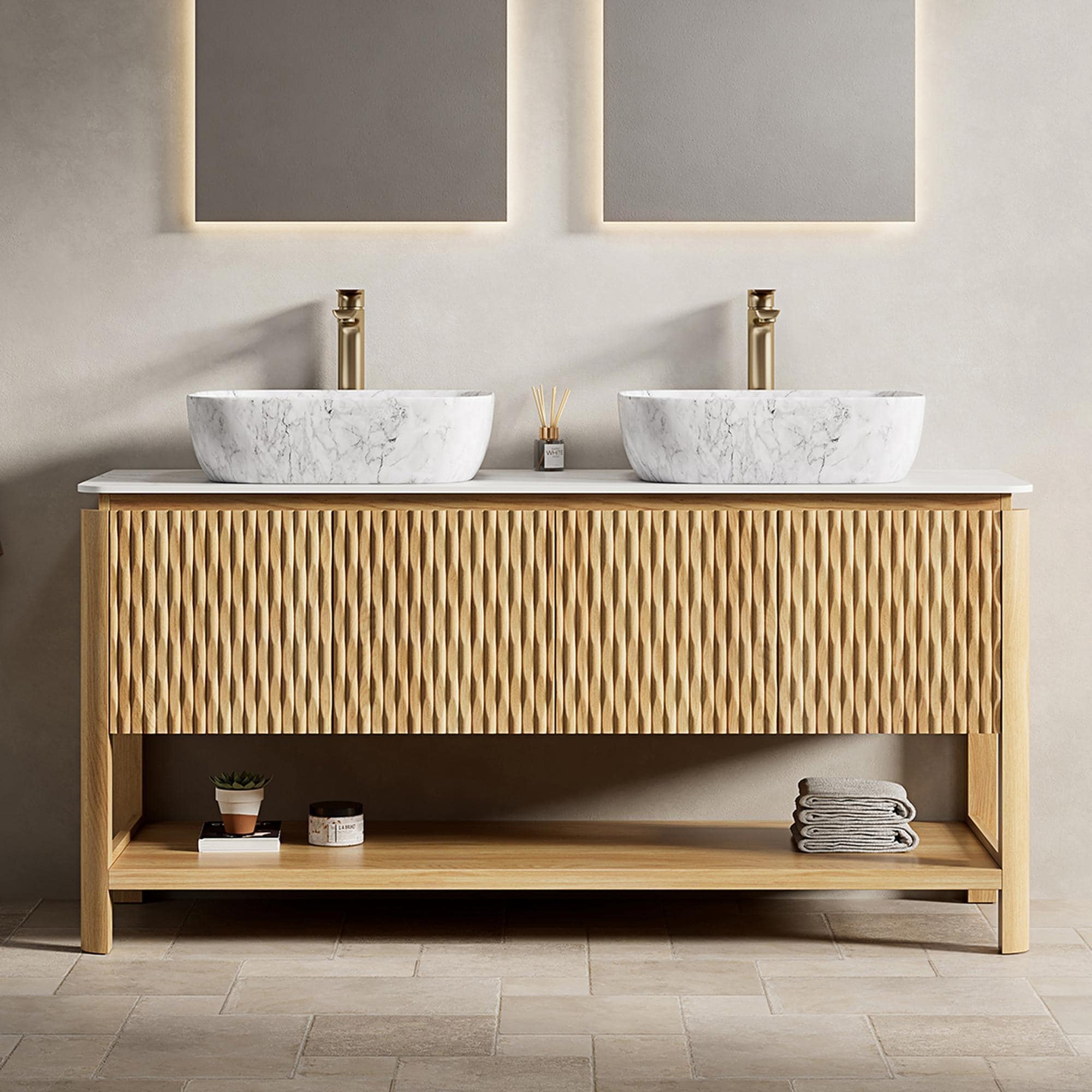 Modern Wood Grain Bathroom Vanity&Sink, Plywood Storage Cabinet