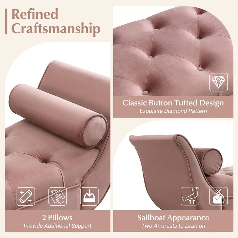 Pink Upholstered Velvet Bench End of Bed Bench with 2 Pillows, Button Tufted Ottoman Footstool with Rolled Arms