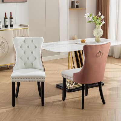 Modern Tufted PU&Velvet Upholstered Dining Chair with Nailhead Trim, Set of 2