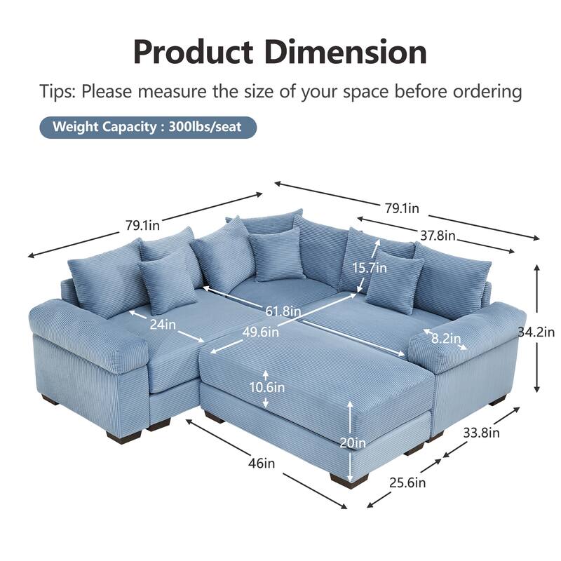 GDFStudio - Corduroy 3-Seater 79.1" Cloud Modular Sectional Couch with Ottoman