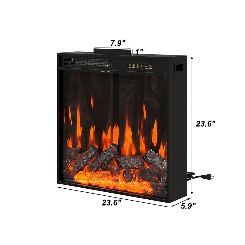 Black Electric Fireplace Insert, 1500W 110V Heater with 12-Color Flame, 5-Level Brightness, High/Low Heat Settings