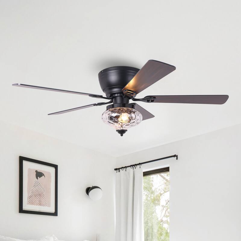 52" Classic Matte Black Flush Mount Ceiling Fan with Light and Remote - 52 in. D x 52 in. W x 14 in. H