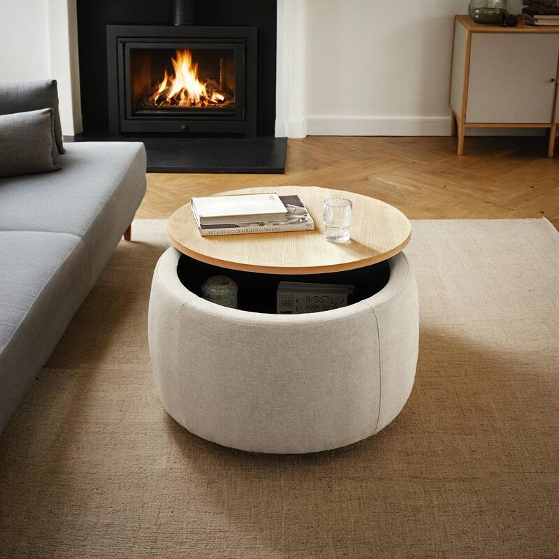 Round storage Ottoman, 3-in-1 features Ottoman coffee table, handmade end table - LIGHT GREY