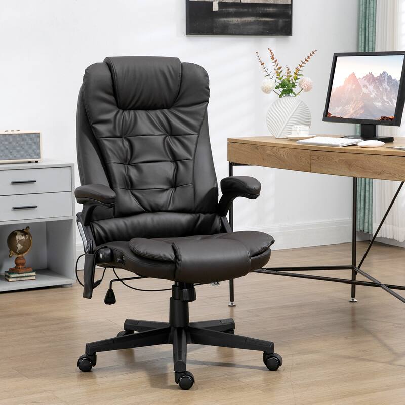 Black PU Leather 360° Swivel High Back Office Recliner with Vibration Massage, Lumbar Heating, and Adjustable Height