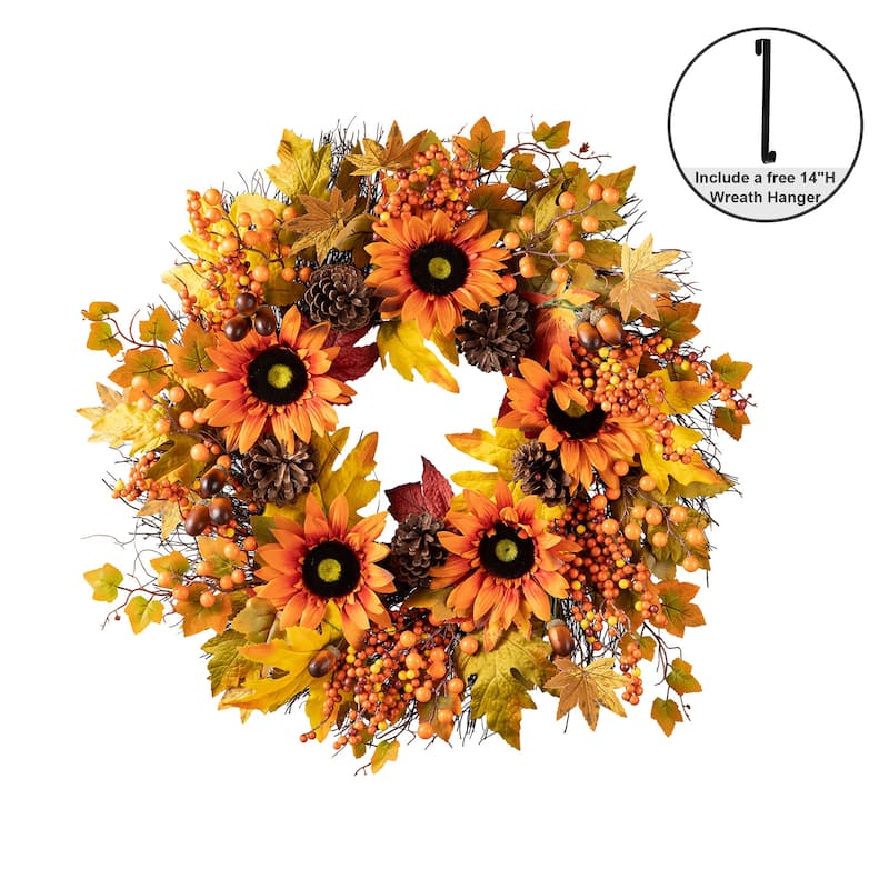 Glitzhome 3ft Fall Sunflower Leaf Potted Tree Thanksgiving Porch Decor - Single Wreath