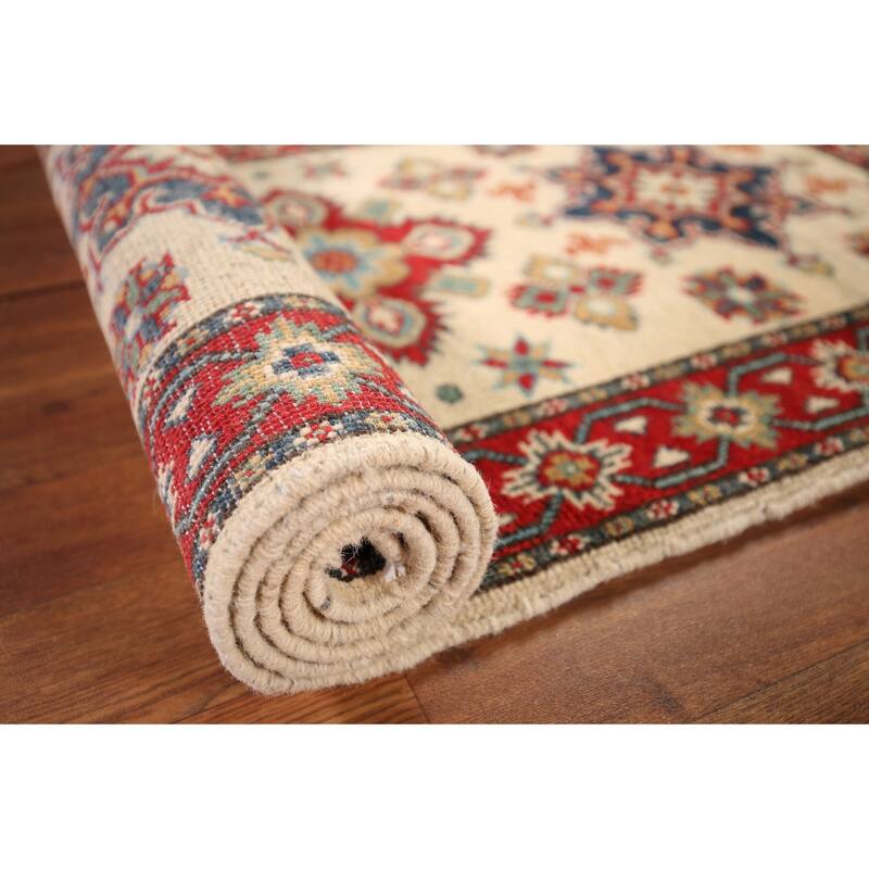 Geometric Kazak Runner Rug Hand-Knotted Beige Wool Carpet - 2'3" x 5'11"