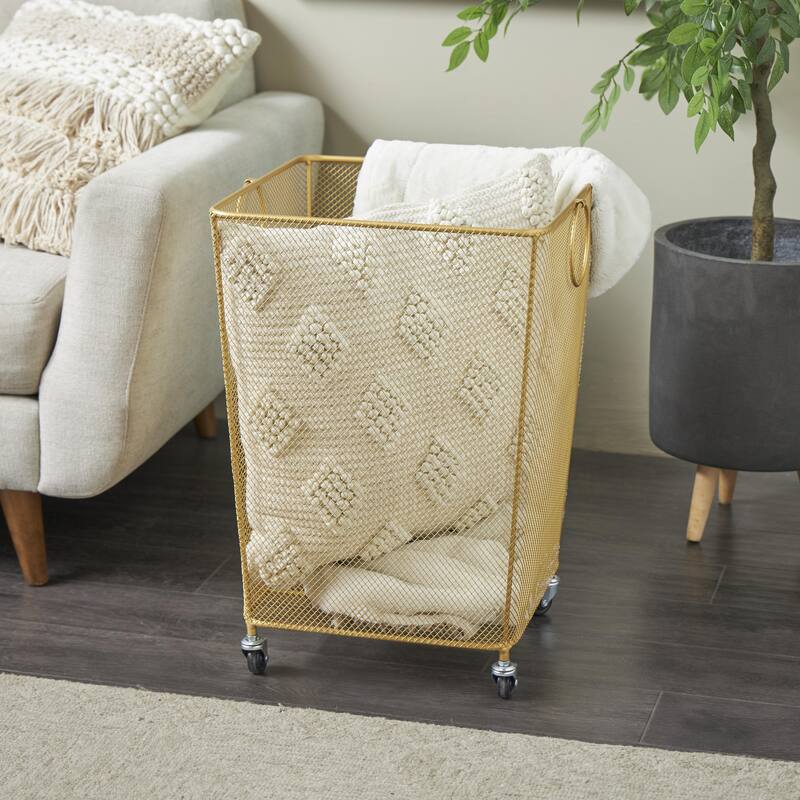 Metal Square Mesh Wire Rolling Laundry Storage Cart with Ring Handles - Black or Gold - Roche River Decor