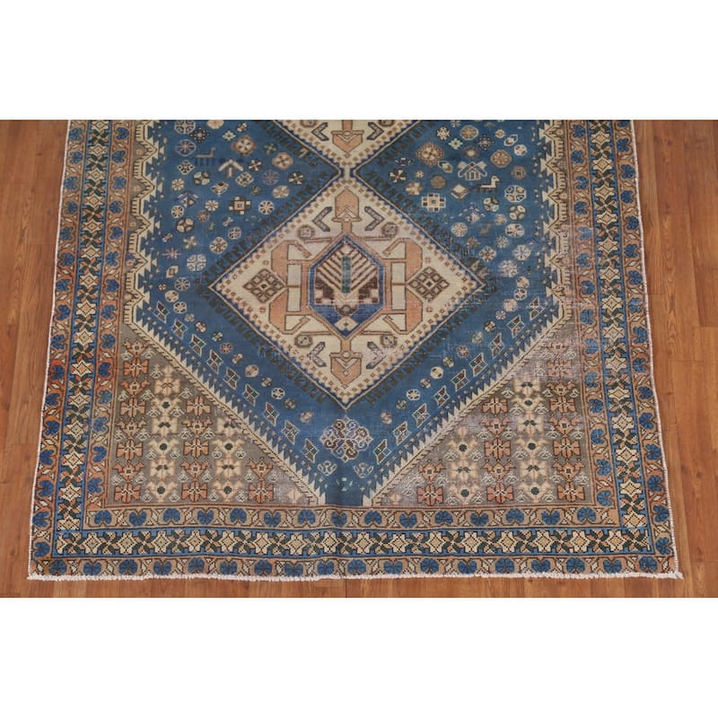 Blue Tribal Bakhtiari Persian Vintage Rug Hand-Knotted Wool Carpet - 5'6"x 9'9"