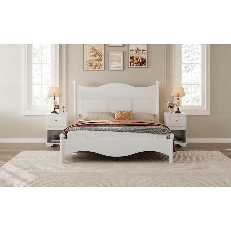 3-Pieces Retro Style Bedroom Sets, Queen Size Platform Bed with Elegant Design, Storage Nightstand