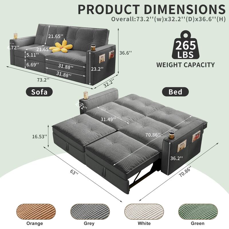 Multi-Functional Corduroy Loveseat Couch Convertible Sleeper Sofa Bed with Cup Holders and Side Pockets for Sitting, Sleeping