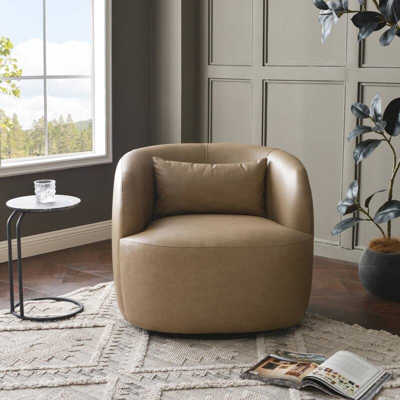 KINWELL 34" Wide Swivel Faux Leather Barrel Armchair Upholstered PU Leather Accent Chairs for Living Room Office Lounge