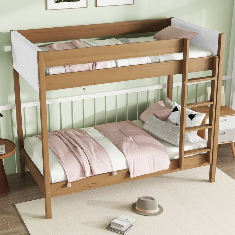 Natural Bunk Bed Twin Over Twin Size Bed Frame with Ladder, Guardrails, Teddy Fleece Fabric Headboard and Footboard - Natural - Twin
