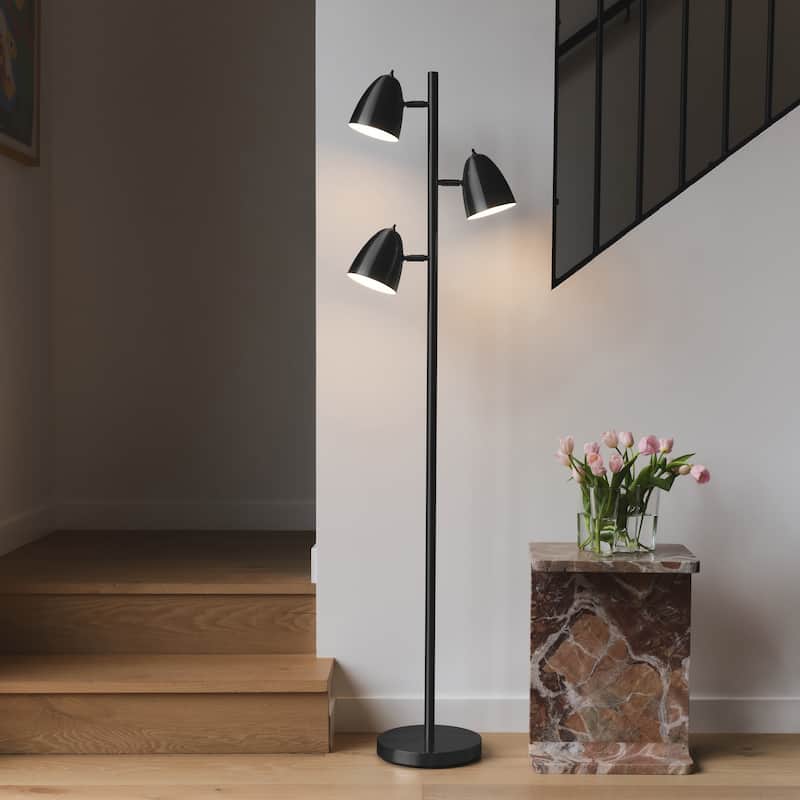 Brightech Jacob 64 in. Classic Black Mid-Century Modern 3-Light Adjustable LED Floor Lamp with 3 Black Metal Cone Shades