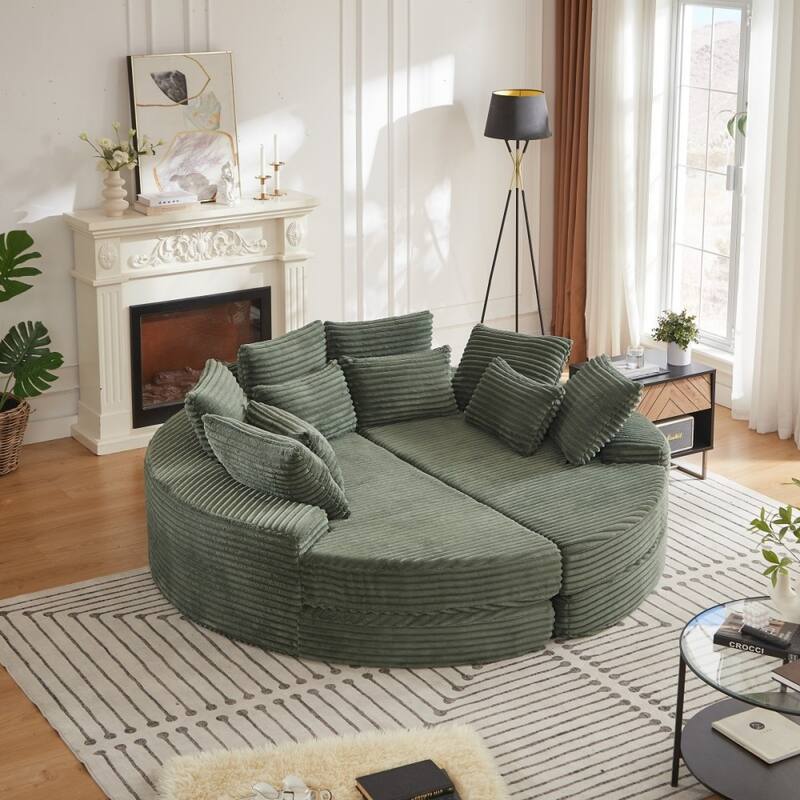 78.5" Corduroy Round Oversized 2-In-1 Sofa Bed, Neck Pillow Design With Four Throw Pillows