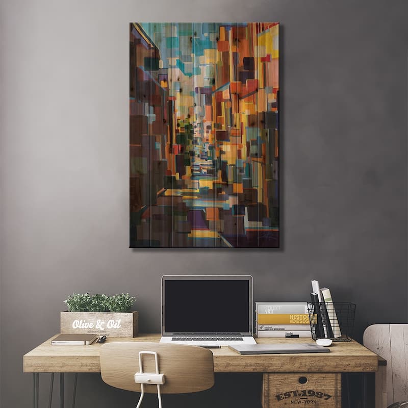Long Hall in the City Deconstruction Print On Wood by Brooke Borcherding - Multi-Color