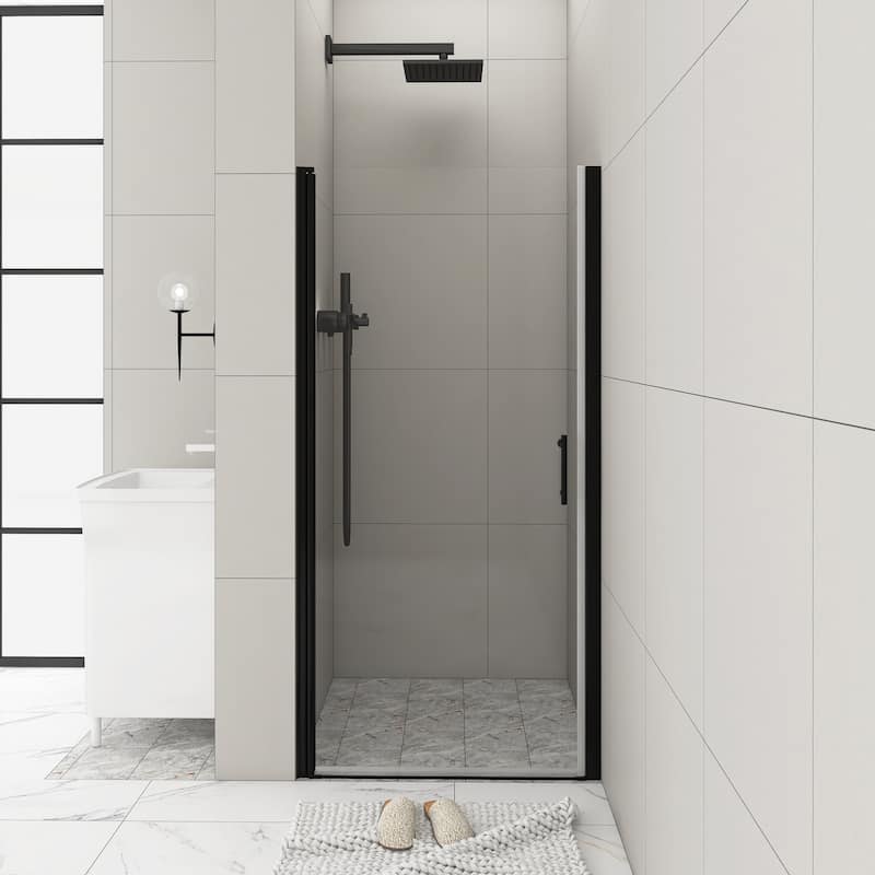 30/32/34/36 Inch Semi-Frameless Pivot Shower Door with Clear Tempered Glass - 32'' x 72'' - Matte Black