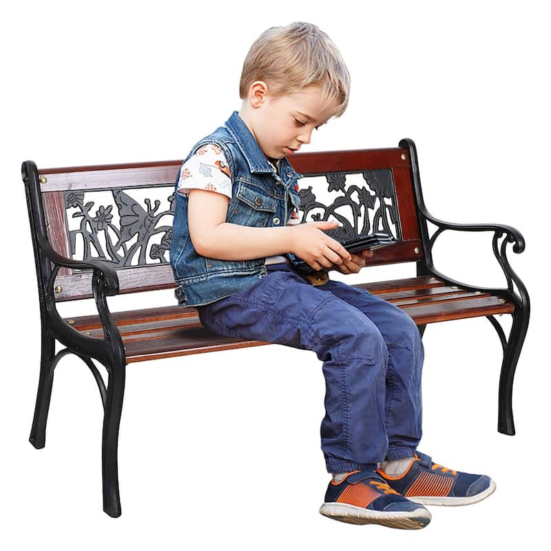 MAISON ARTS Outdoor Garden Bench for Children, 33'' L Metal Bench with Wood Seating & Floral Pattern Back - Brown