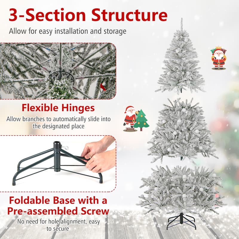 Gymax 6/7/8 FT Snow-flocked Artificial Christmas Tree w/51/65/81 - Green+White