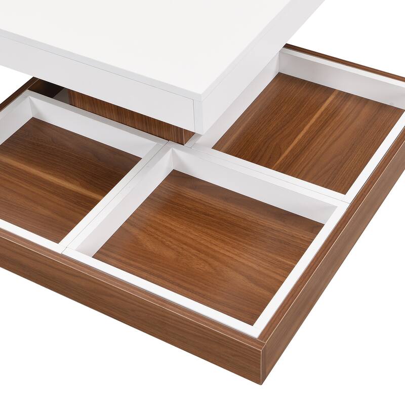 Square Rotating Coffee Table with Three Detachable Tray, 2-Tier Wood Center Table with Storage for Living Room Home Office