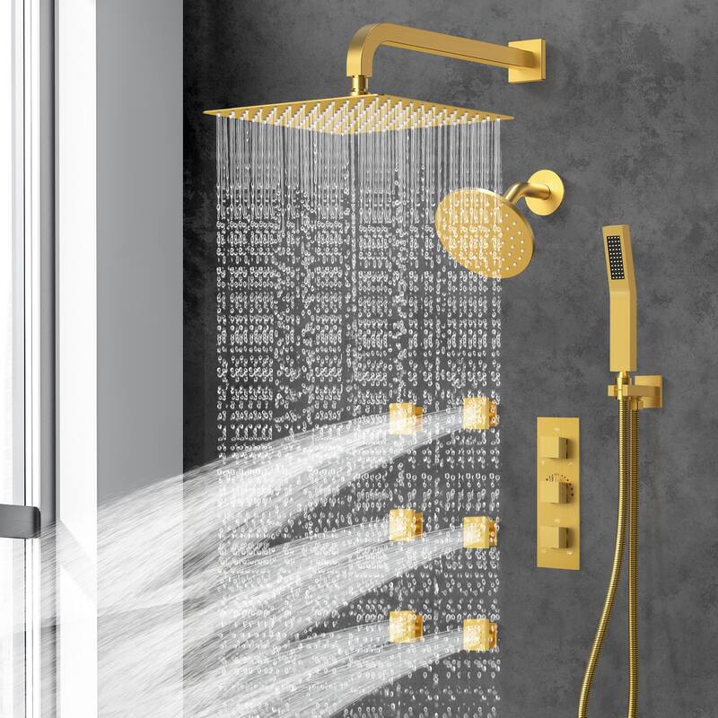 Thermostatic Dual Shower System 12" and 6" Rainfall Shower Head with 6 Body Jets & Handheld Shower
