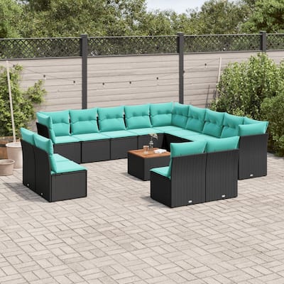 vidaXL 14 Piece Patio Sofa Set with Cushions Black Poly Rattan - 24.4 x 24.4 x 27.2