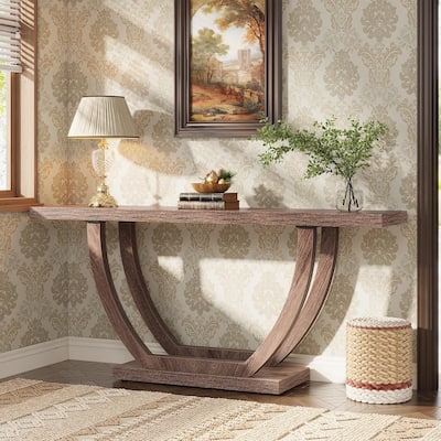 63 Inches Brown Wood Console Table with Geometric Base for Living Room