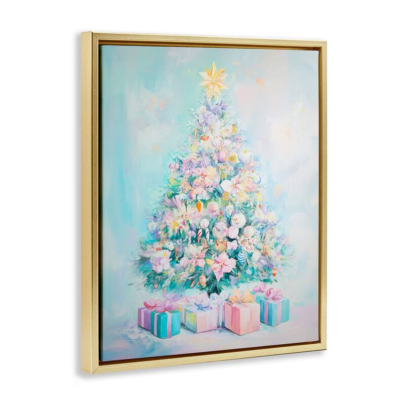Stupell Pastel Christmas Tree on Blue Framed Floater Canvas Wall Art Design By Arlington Prints
