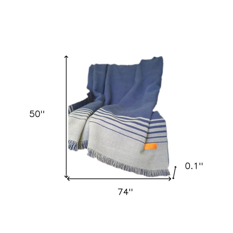 HomeRoots Blue and Gray Woven Microfiber Striped Throw Blanket with Fringe