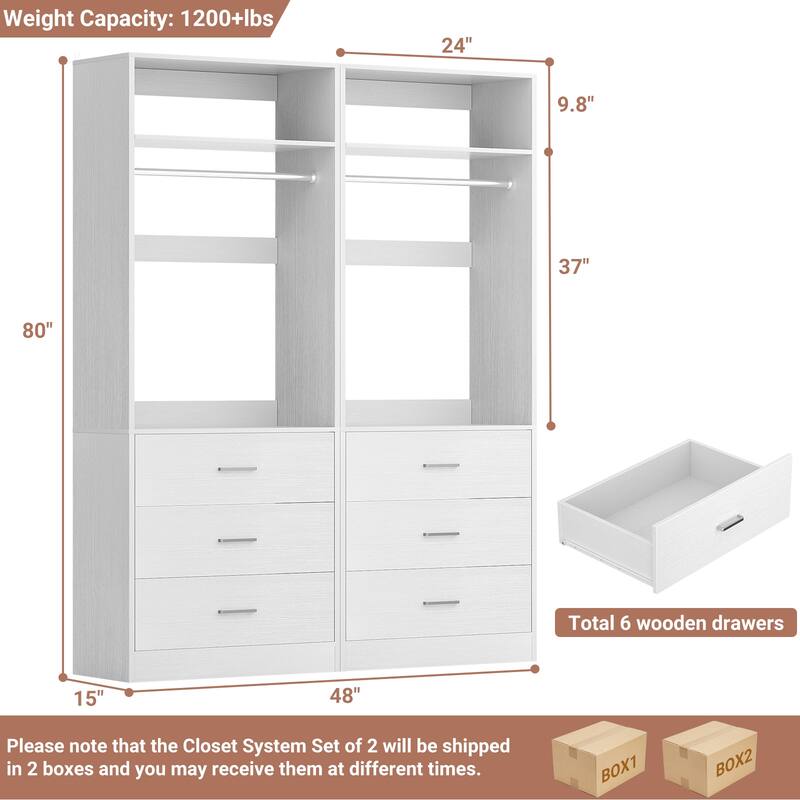 Kyrvo Freestanding Closet Sytem with 3 Wooden Drawers and Hanging Rod and Storage Shelf, Walk-in Closet Organizer Wardrobe